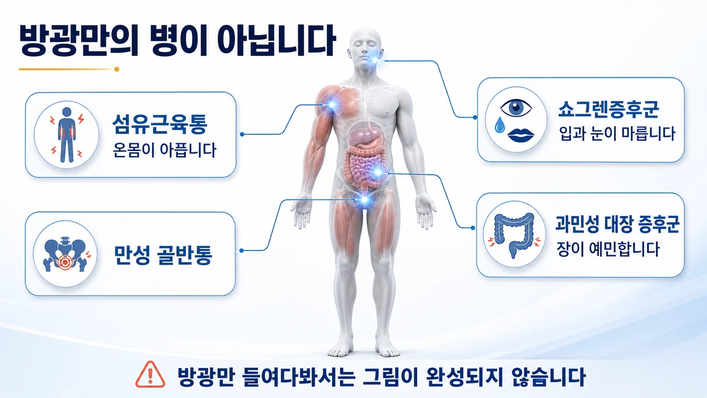 간질성 방광염에 흔히 동반되는 섬유근육통, 과민성 대장 증후군, 만성 골반통, 쇼그렌증후군