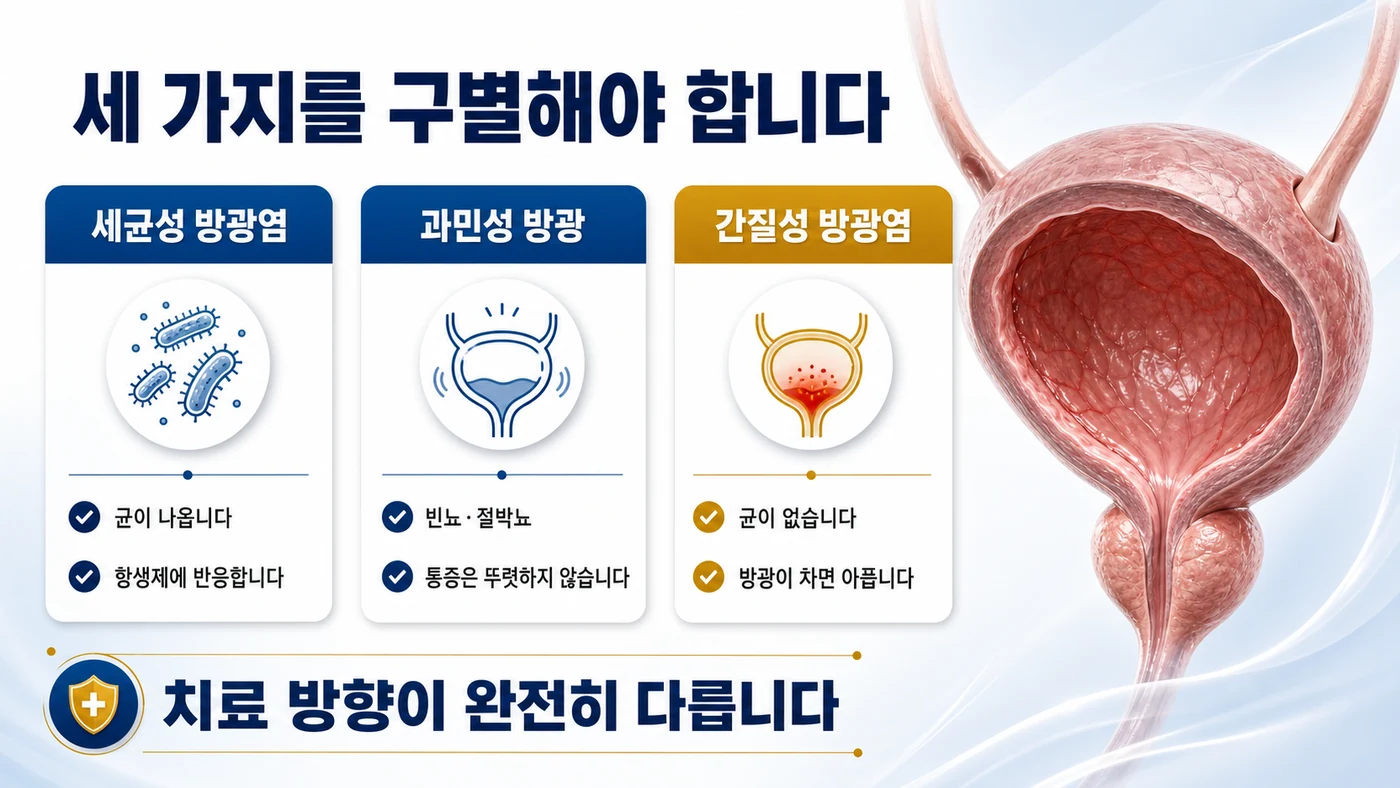 세균성 방광염, 과민성 방광, 간질성 방광염의 감별 포인트 비교