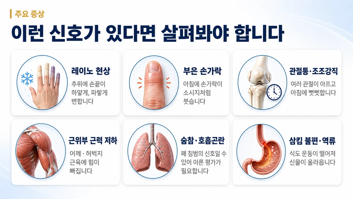 혼합결합조직질환의 주요 증상 — 레이노 현상, 부은 손가락, 관절통과 조조강직, 근위부 근력 저하, 숨참·호흡곤란, 삼킴 불편과 역류