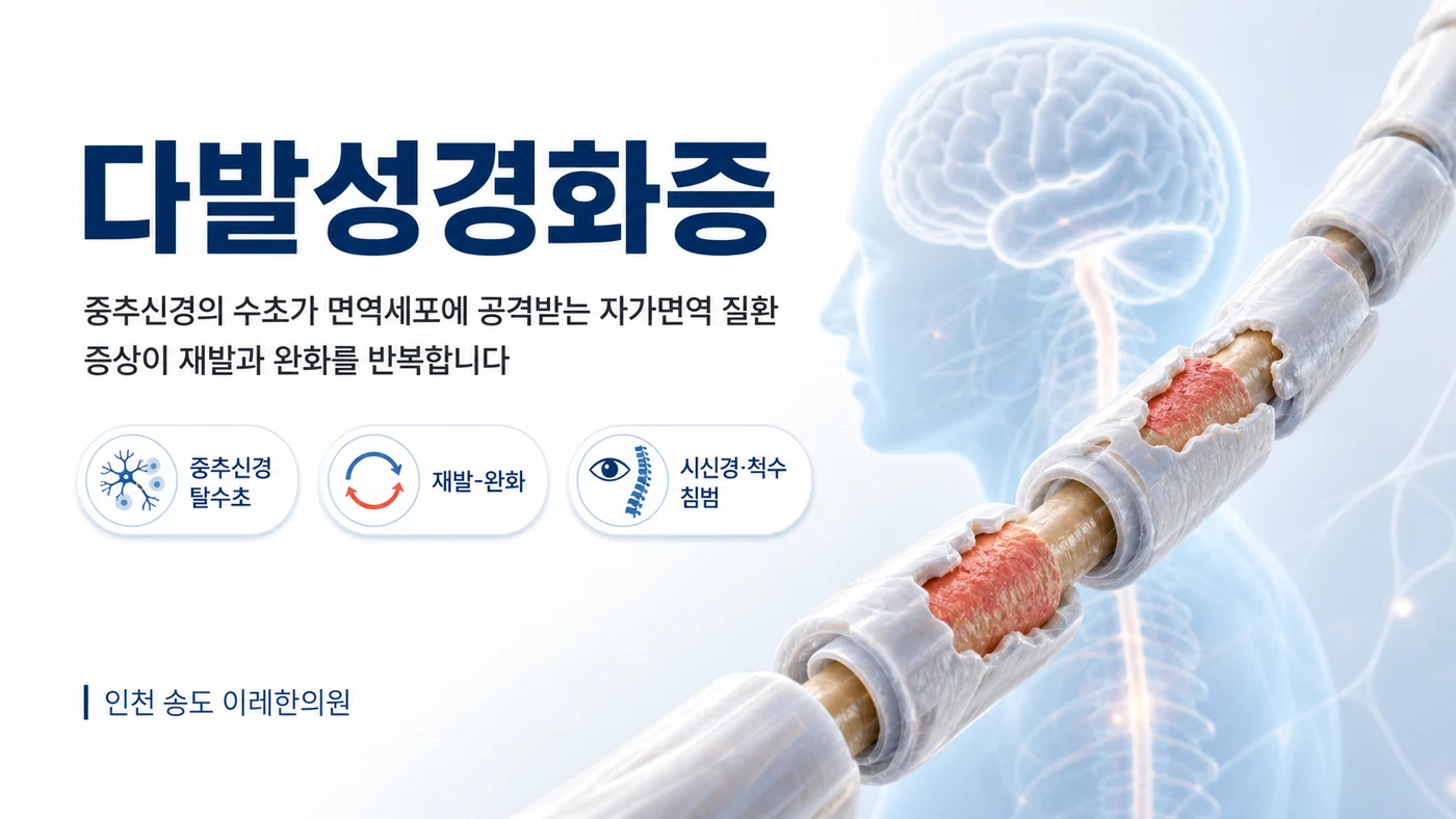 다발성경화증 대표 이미지 — 중추신경 신경섬유의 수초가 면역세포에 공격받아 벗겨지는 탈수초와 재발-완화를 반복하는 자가면역 질환