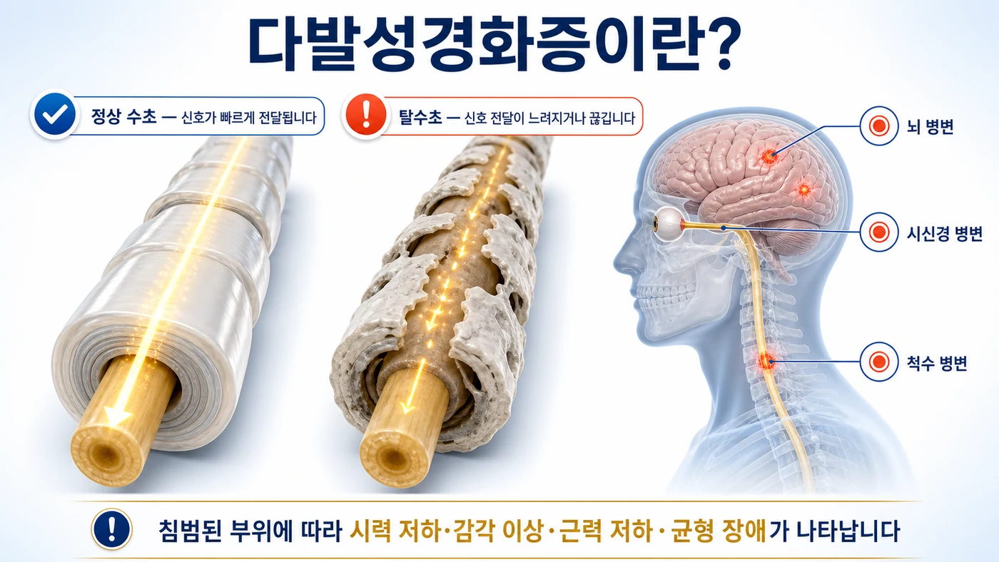 다발성경화증이란 — 정상 수초와 탈수초된 신경섬유의 신호 전달 비교, 뇌·척수·시신경 병변 위치 도해