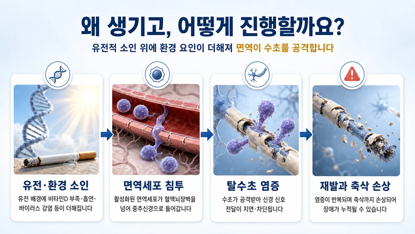 다발성경화증의 발생과 진행 — 유전·환경 소인에서 면역세포의 혈액뇌장벽 침투, 탈수초 염증, 재발과 축삭 손상으로 이어지는 흐름