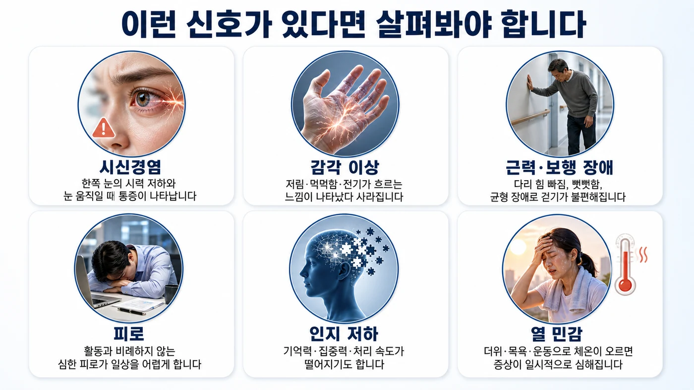 다발성경화증의 주요 증상 — 시신경염, 감각 이상, 근력·보행 장애, 피로, 인지 저하, 열 민감