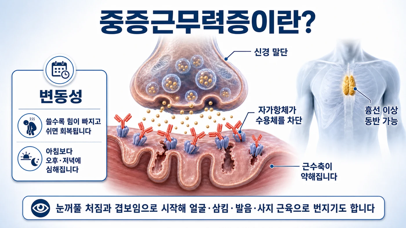 중증근무력증이란 — 신경 말단에서 방출된 신호가 자가항체에 막혀 근수축이 약해지는 신경근접합부 도해와 흉선 이상 동반 가능성, 오후·저녁에 심해지는 변동성