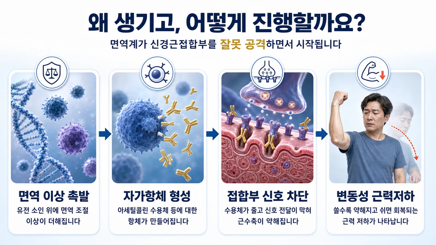 중증근무력증의 발생과 진행 — 면역 이상 촉발에서 자가항체 형성, 접합부 신호 차단, 변동성 근력저하로 이어지는 흐름