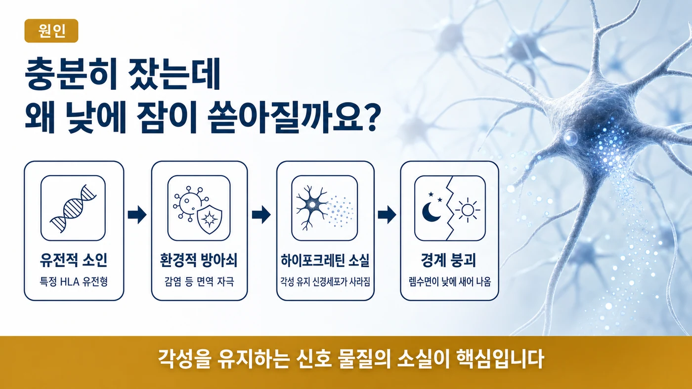 유전적 소인과 환경 자극에서 하이포크레틴 신경세포 소실, 수면·각성 경계 붕괴로 이어지는 기면증의 진행 단계