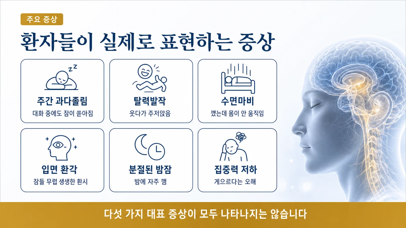 주간 과다졸림, 탈력발작, 수면마비, 입면 환각, 분절된 밤잠, 집중력 저하 등 기면증 환자가 표현하는 증상