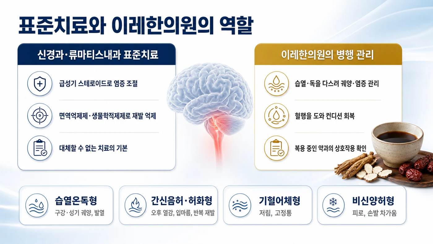 뉴로베체트의 표준 면역치료와 이레한의원 병행 관리의 역할 구분, 그리고 습열온독형·간신음허 허화형·기혈어체형·비신양허형 변증 유형을 보여줍니다.