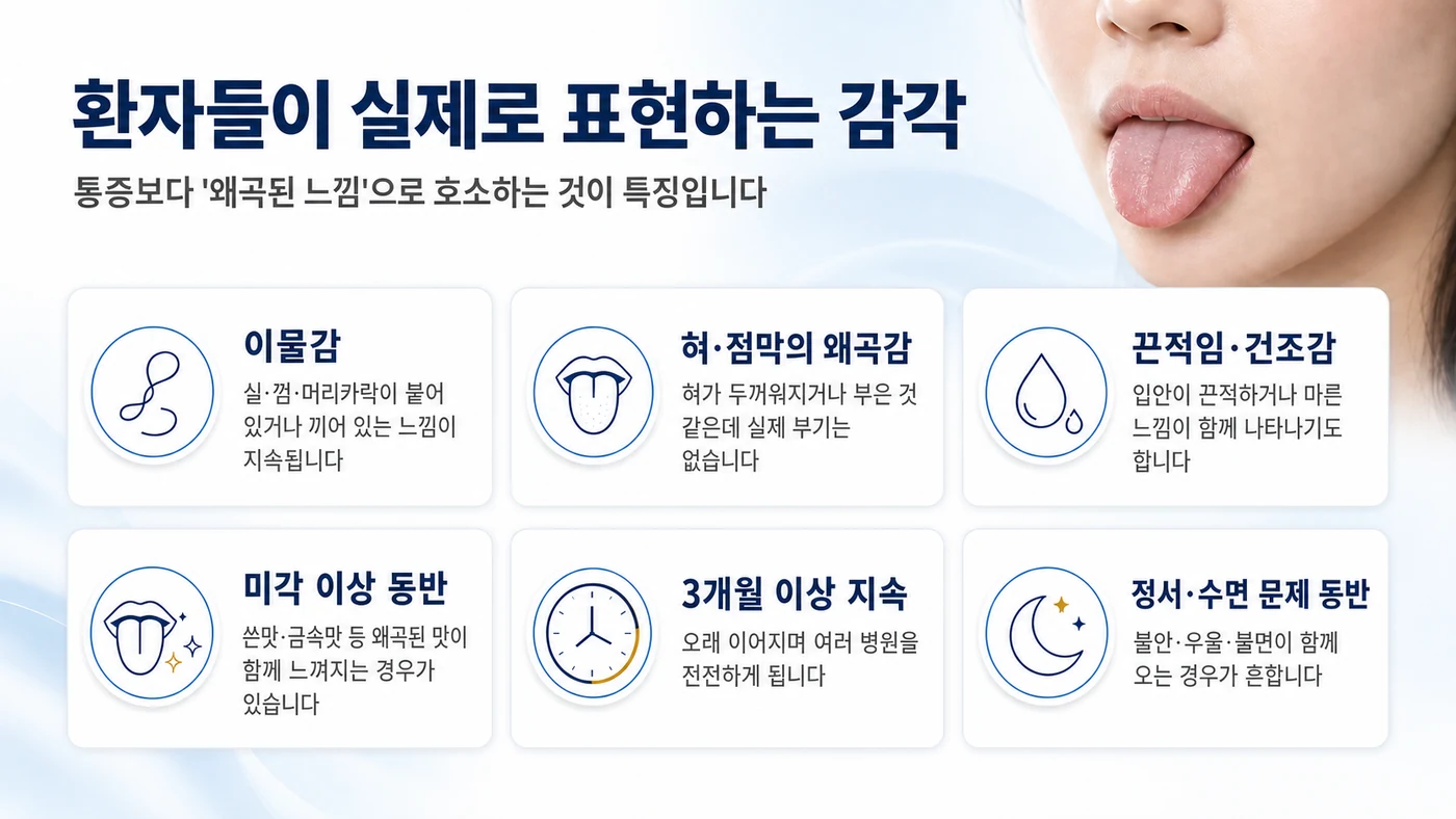 이물감, 혀의 왜곡감, 끈적임·건조감, 미각 이상 등 구강체감환각의 주요 감각 증상