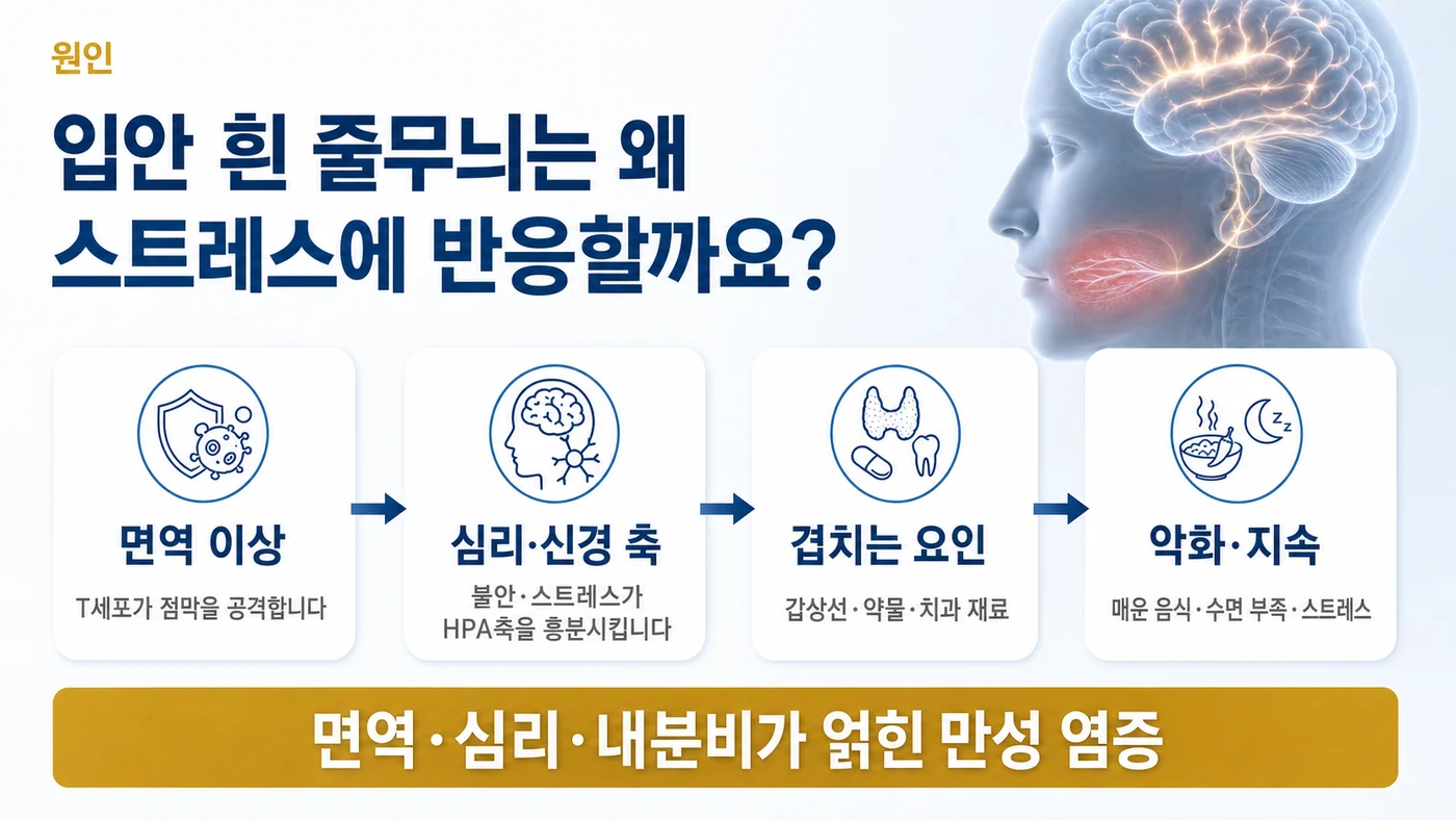 구강 편평태선의 원인 — 면역 이상을 바탕으로 불안·스트레스가 HPA축을 흥분시키고 갑상선·약물 등이 겹쳐 점막 염증이 악화·지속되는 흐름
