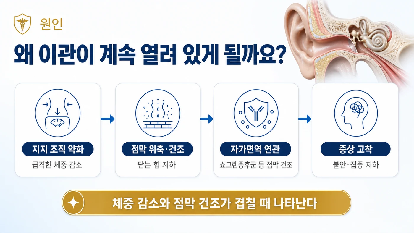 이관개방증의 원인 — 급격한 체중 감소로 지지 조직이 약해지고 점막이 위축·건조해지며 쇼그렌증후군 등 자가면역질환이 배경에 있을 수 있는 흐름