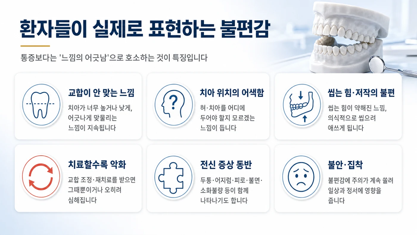 교합이 안 맞는 느낌, 치아 위치의 어색함, 치료할수록 악화 등 교합감각이상의 주요 불편감