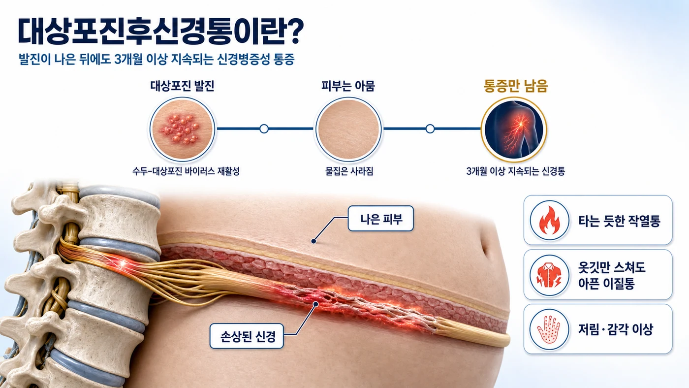 발진이 나은 뒤에도 손상된 신경이 남아 3개월 이상 통증이 지속되는 대상포진후신경통의 정의 도해