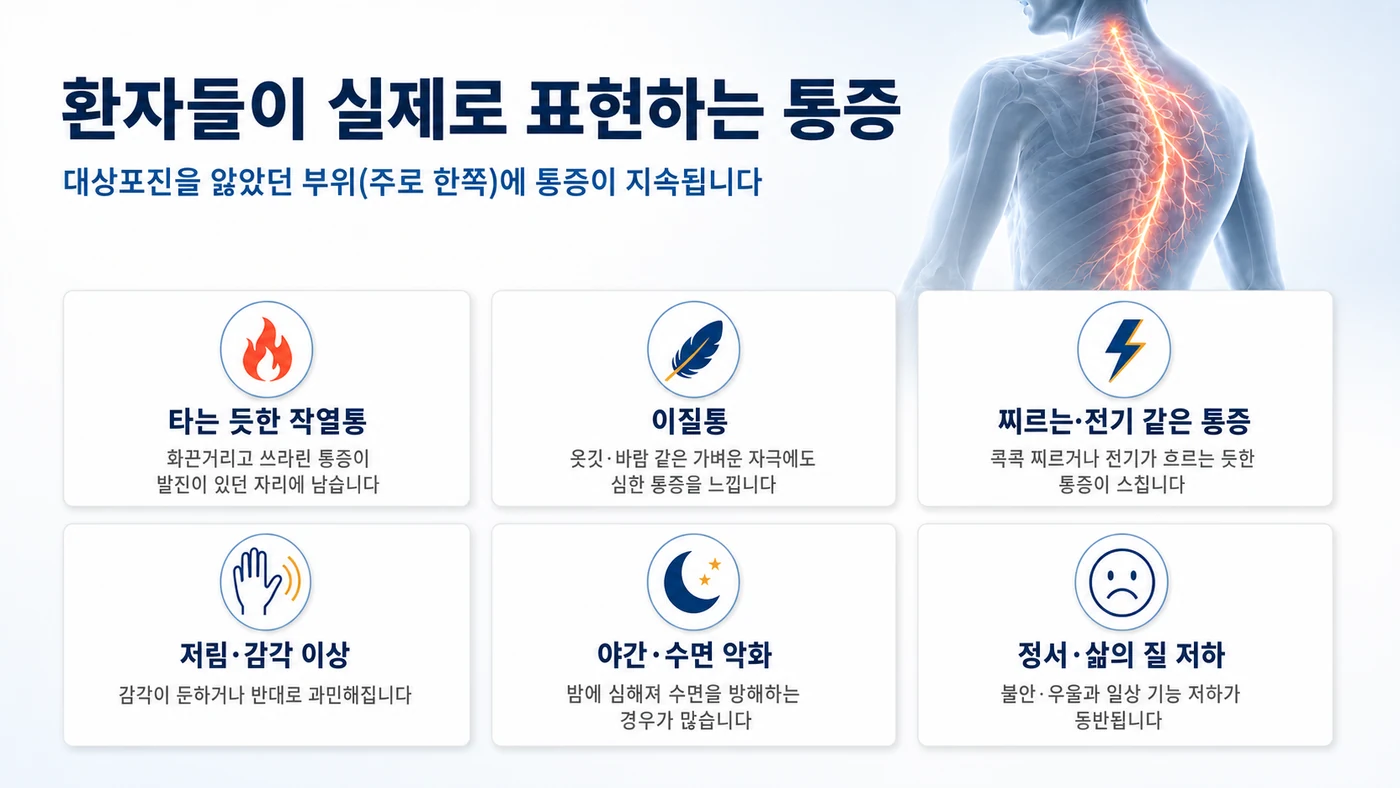 작열통·이질통·전기 같은 통증·저림·야간 악화 등 대상포진후신경통의 주요 증상