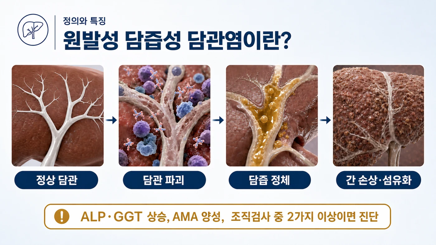 원발성 담즙성 담관염이란 — 정상 담관에서 담관 파괴, 담즙 정체, 간 손상과 섬유화로 진행하며 ALP·GGT 상승, AMA 양성, 조직검사 중 2가지 이상으로 진단