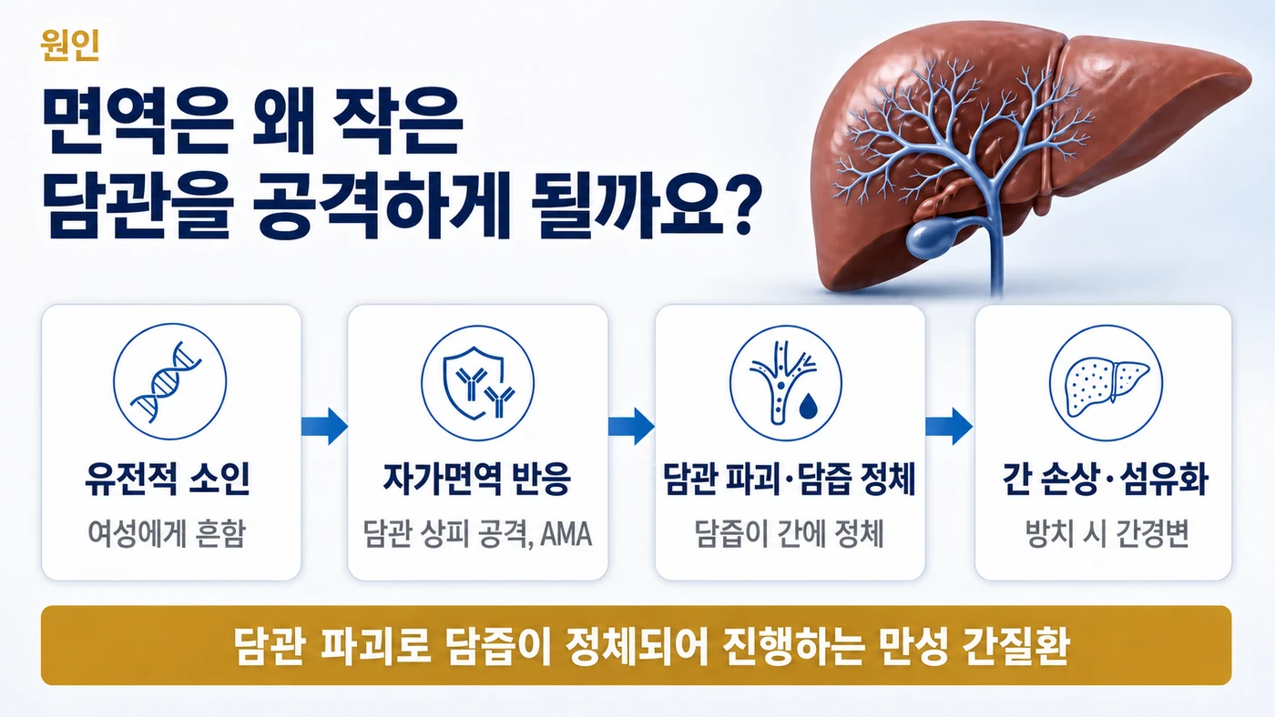 원발성 담즙성 담관염의 원인 — 유전적 소인 위에 자가면역 반응으로 항미토콘드리아항체가 담관 상피를 공격해 담관이 파괴되고 담즙이 정체되어 간 손상과 섬유화로 이어지는 흐름