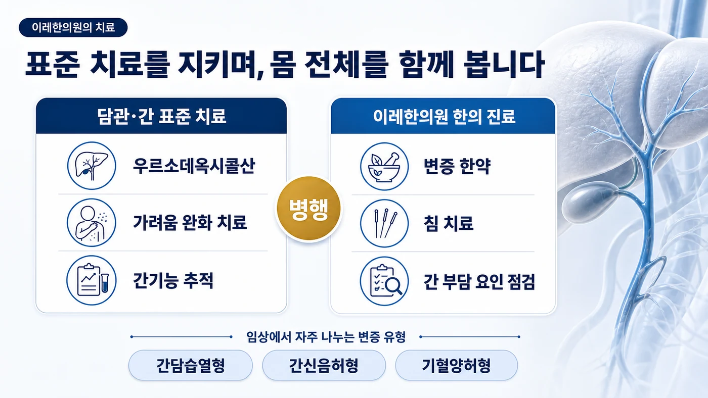 원발성 담즙성 담관염 치료 — 우르소데옥시콜산과 가려움 완화·간기능 추적의 표준 치료를 유지하며 이레한의원의 변증 한약·침·간 부담 요인 점검을 병행하고 간담습열형·간신음허형·기혈양허형으로 변증