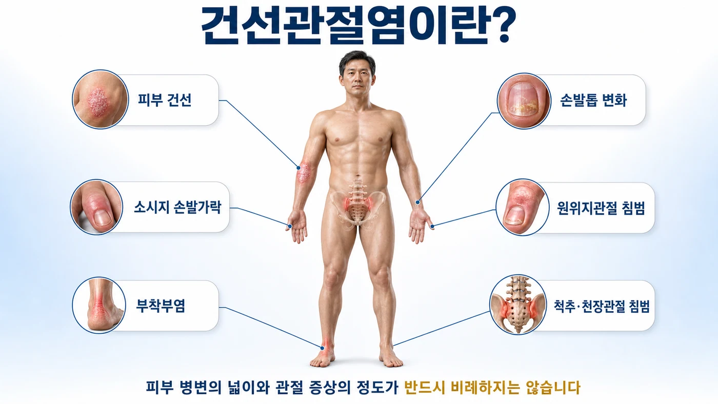 건선관절염이란 — 피부 건선, 손발톱 변화, 소시지 손발가락, 부착부염, 원위지관절 침범, 척추·천장관절 침범 부위를 표시한 전신 도해