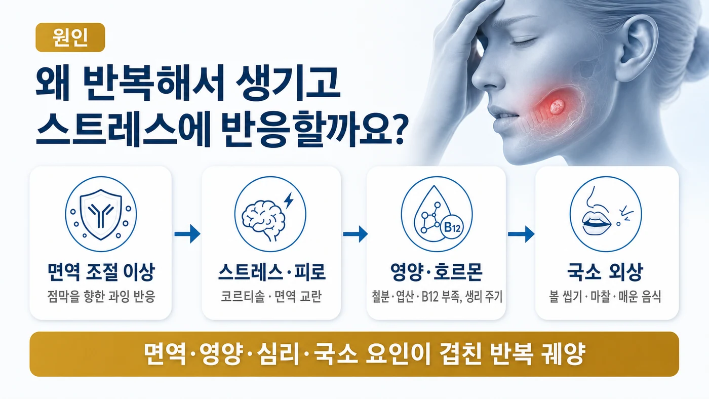재발성 아프타성 구내염의 원인 — 면역 조절 이상을 바탕으로 스트레스·피로, 철분·엽산·비타민 B12 부족과 생리 주기, 국소 외상이 겹쳐 궤양이 반복되는 흐름