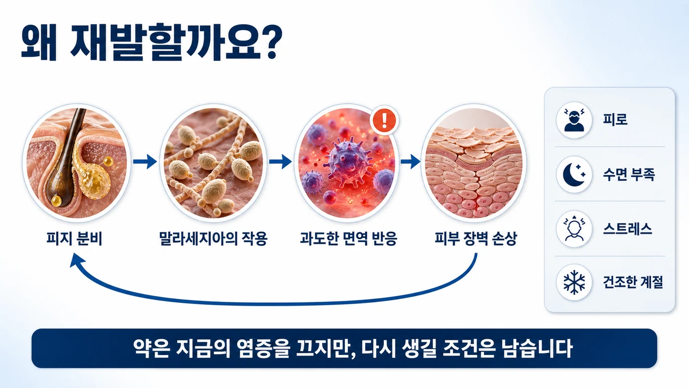 피지 분비에서 말라세지아 작용, 과도한 면역 반응, 피부 장벽 손상으로 이어지는 재발의 악순환