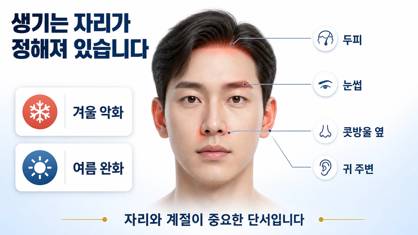 두피·눈썹·콧방울 옆·귀 주변에 생기는 지루성 피부염의 호발 부위와 계절 변동