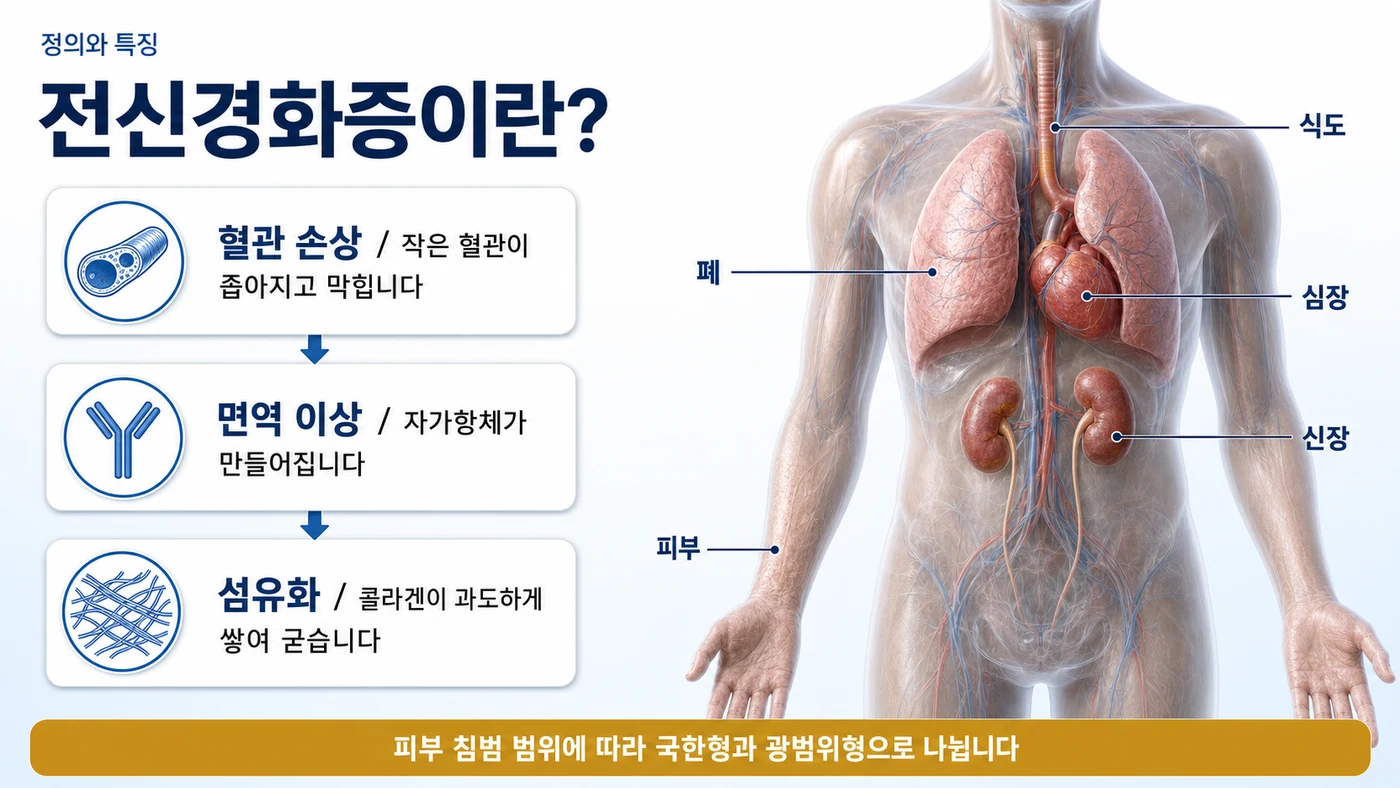 전신경화증이란 — 혈관 손상에서 면역 이상, 섬유화로 이어지는 세 축과 피부·식도·폐·신장·심장 침범