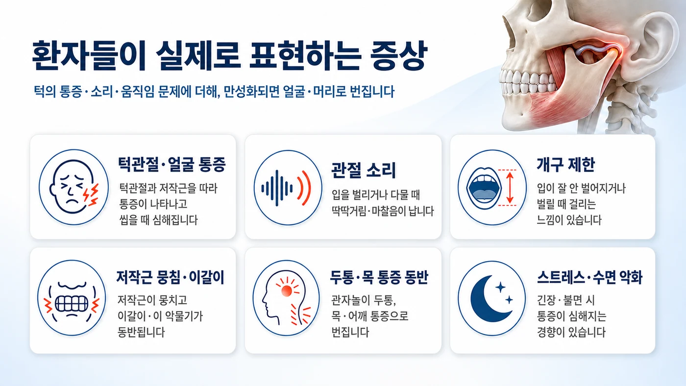 턱관절 통증, 관절 소리, 개구 제한, 두통 등 턱관절장애의 주요 증상