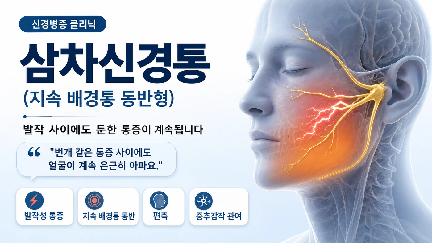 삼차신경통 지속 배경통 동반형 안내 — 전기충격 같은 발작통과 발작 사이 둔한 배경통
