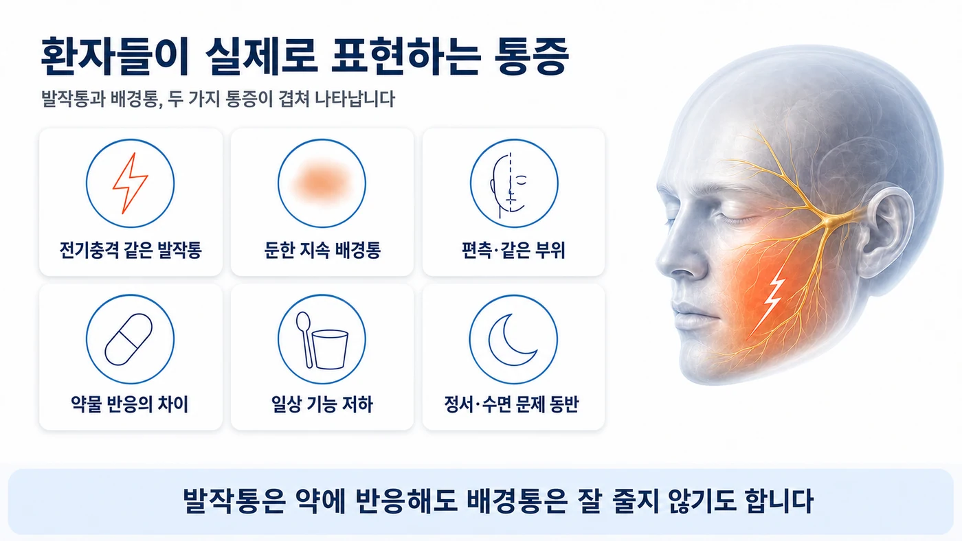 지속 배경통 동반형 삼차신경통의 주요 증상 — 발작통과 배경통이 겹쳐 나타나는 편측 얼굴 통증