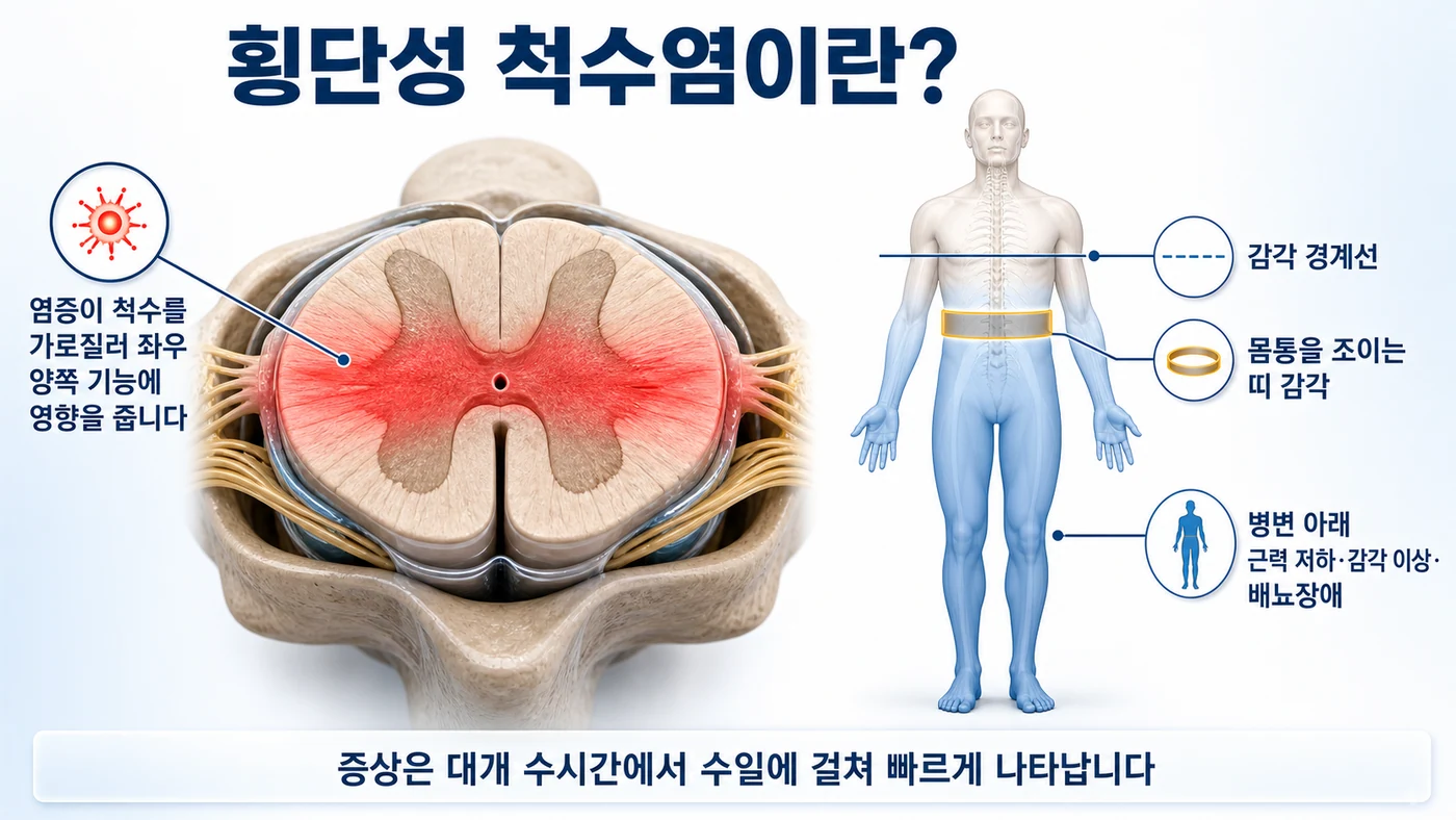 횡단성 척수염이란 — 염증이 척수를 가로질러 좌우 양쪽 기능에 영향을 주는 단면 도해와 감각 경계선, 몸통을 조이는 띠 감각, 병변 아래 기능 저하