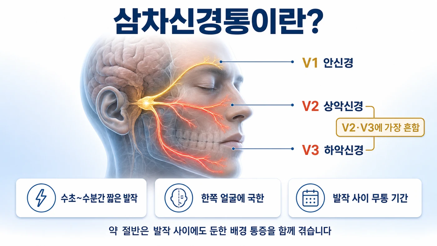 삼차신경통의 정의 — 삼차신경 V1 안신경·V2 상악신경·V3 하악신경의 분포와 발작 특징