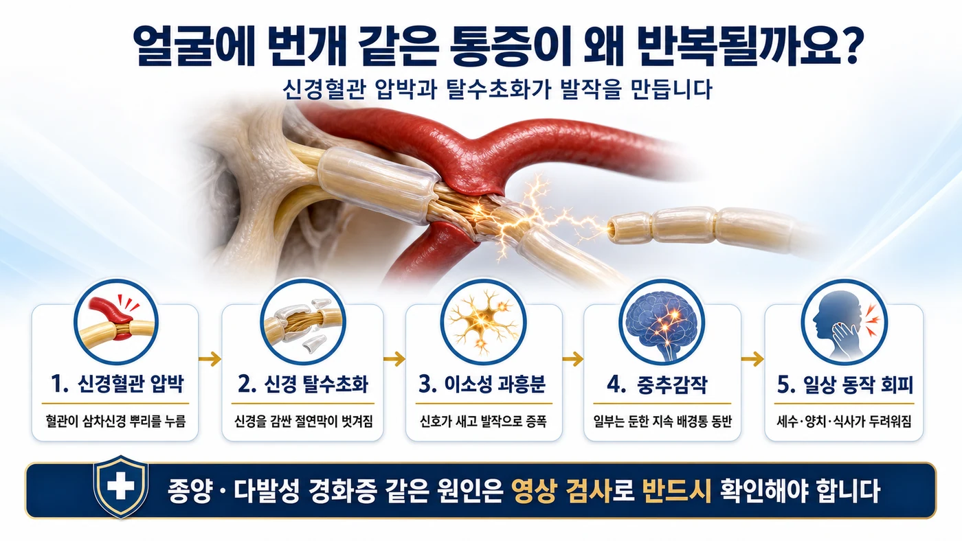 삼차신경통의 원인 — 신경혈관 압박과 탈수초화, 이소성 과흥분에서 중추감작까지의 과정