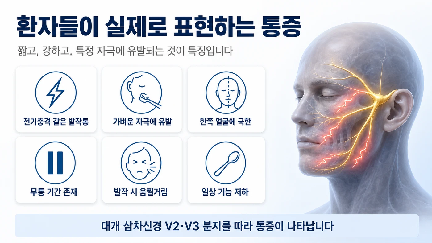 삼차신경통의 주요 증상 — 전기충격 같은 발작통, 가벼운 자극에 유발, 한쪽 얼굴에 국한