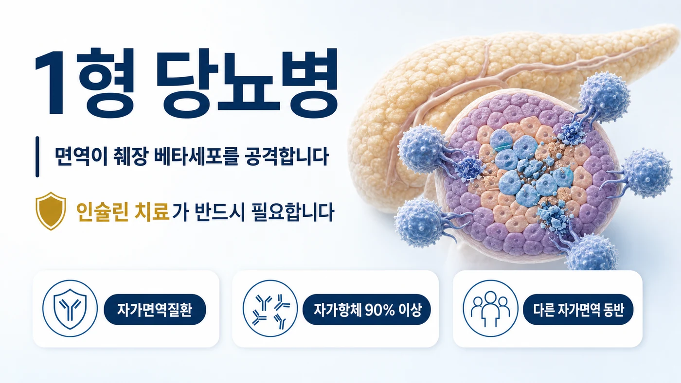 1형 당뇨병 안내 — 면역이 췌장 베타세포를 공격해 인슐린이 부족해지는 자가면역질환으로 자가항체가 90% 이상에서 확인되고 인슐린 치료가 반드시 필요함
