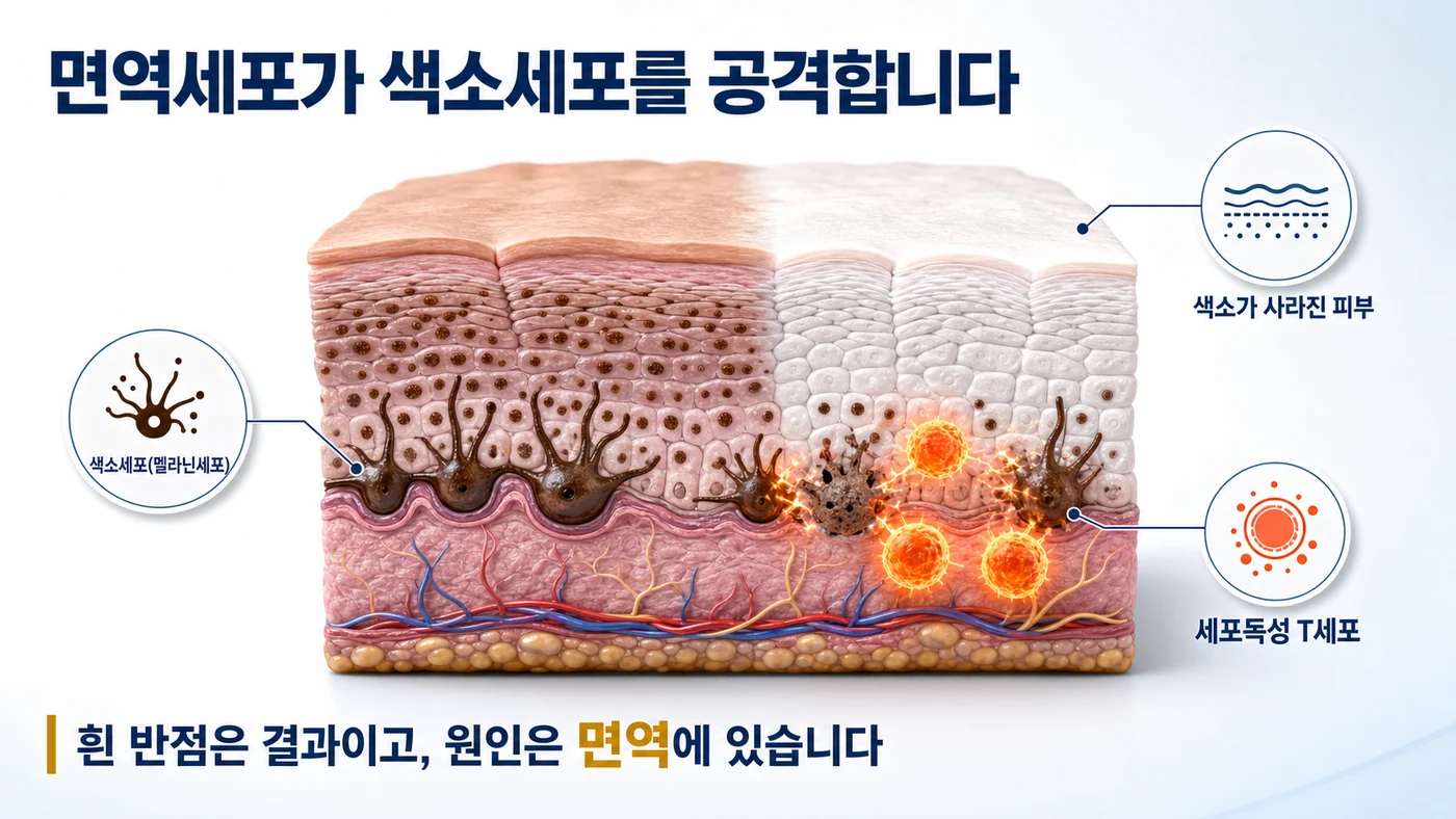 피부 단면에서 세포독성 T세포가 색소세포를 공격해 색소가 사라지는 기전