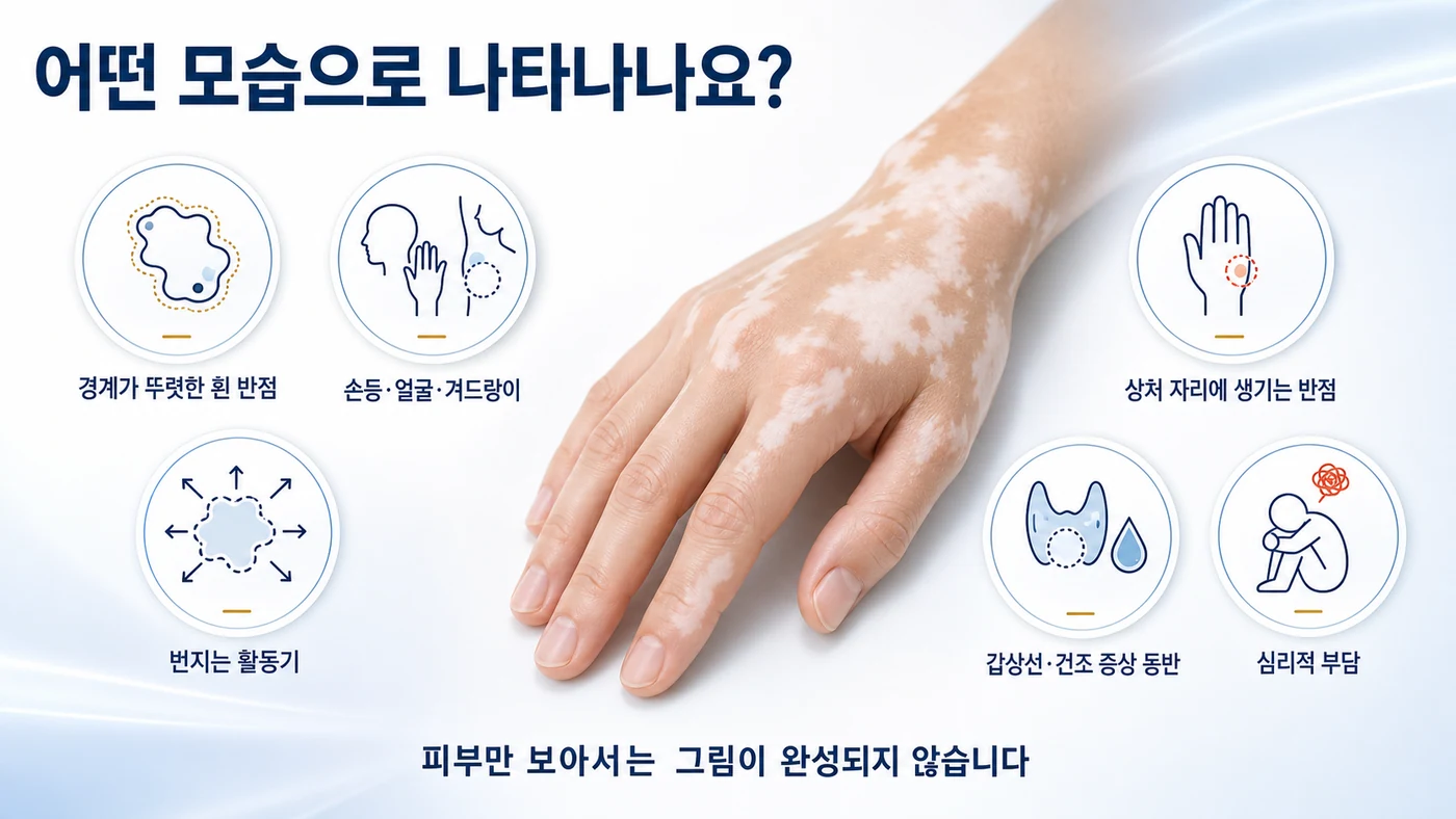 경계가 뚜렷한 흰 반점, 번지는 활동기, 상처 자리 반점 등 백반증의 주요 증상